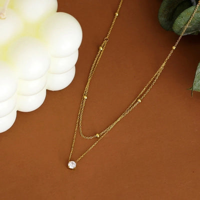Jewelry Simple Style Round 304 Stainless Steel Zircon 18K Gold Plated Inlay Double Layer Necklaces