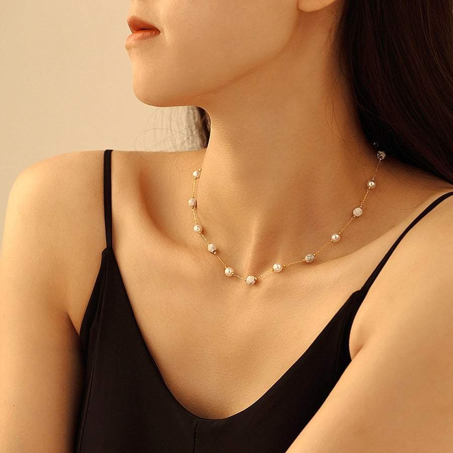 Europe and America  Natural Stone Imitation Pearl Clavicle Necklace Temperamental Bracelet  Style Niche Stainless Steel Jewelry Set