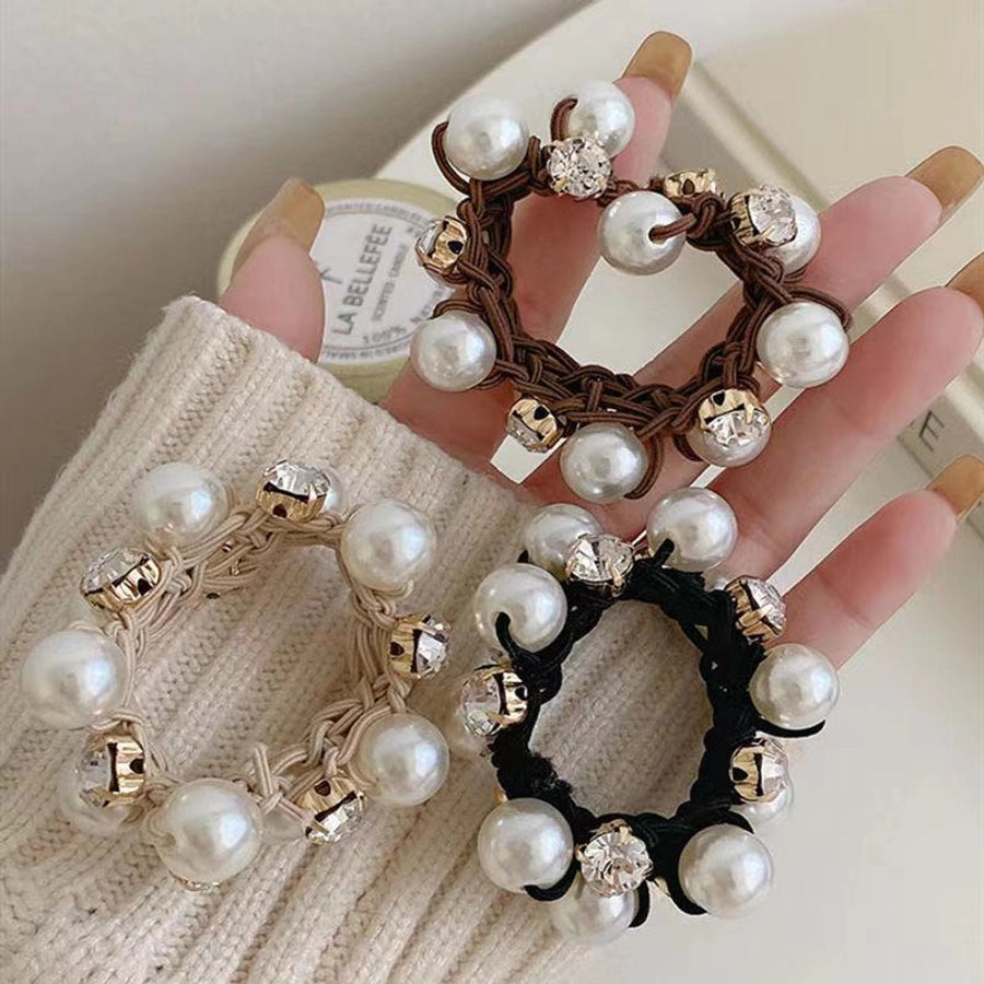 Elegant Pearl Head Rope Women's Simple Elegant Hair Rope Korean Cyber Celebrity Rubber Band Hair Rings Ponytail Headwear Leather Cover