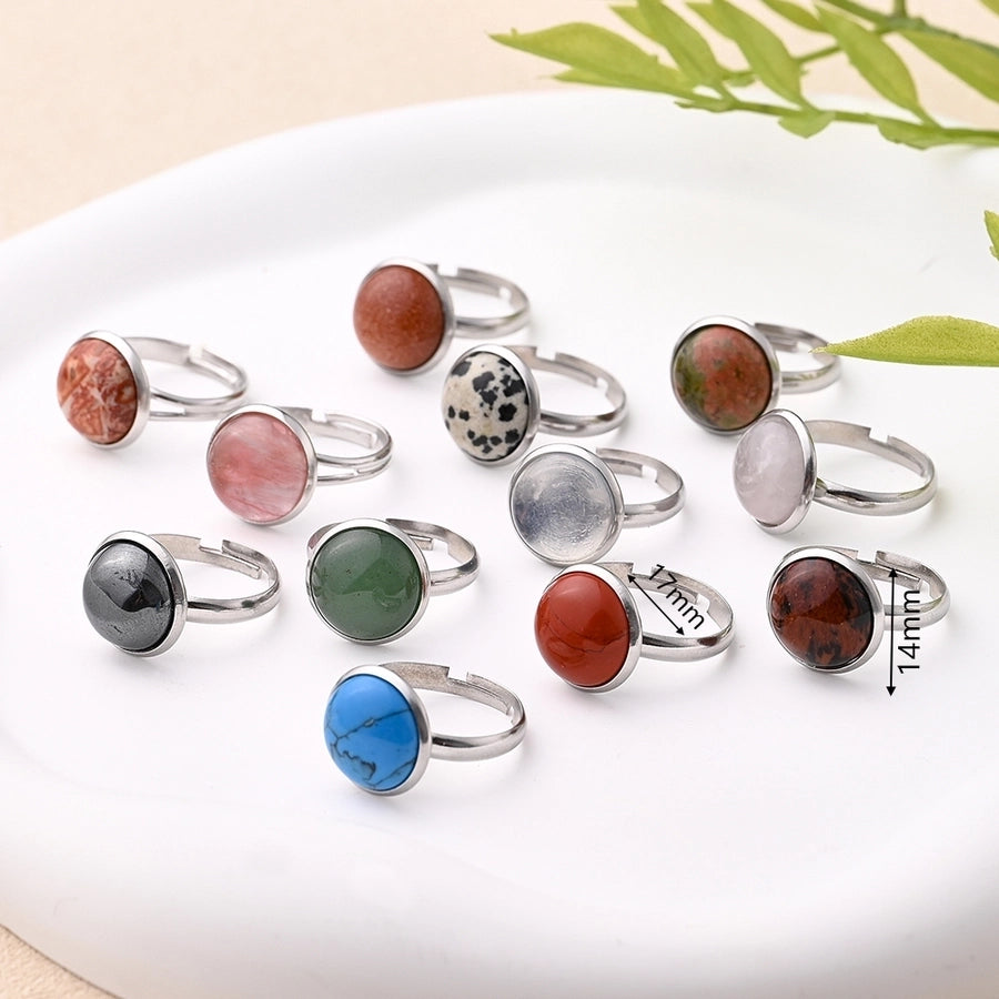 Jewelry Casual Simple Style Round Spot Solid Color 304 Stainless Steel Natural Stone Opal Polishing Inlay Adjustable Ring