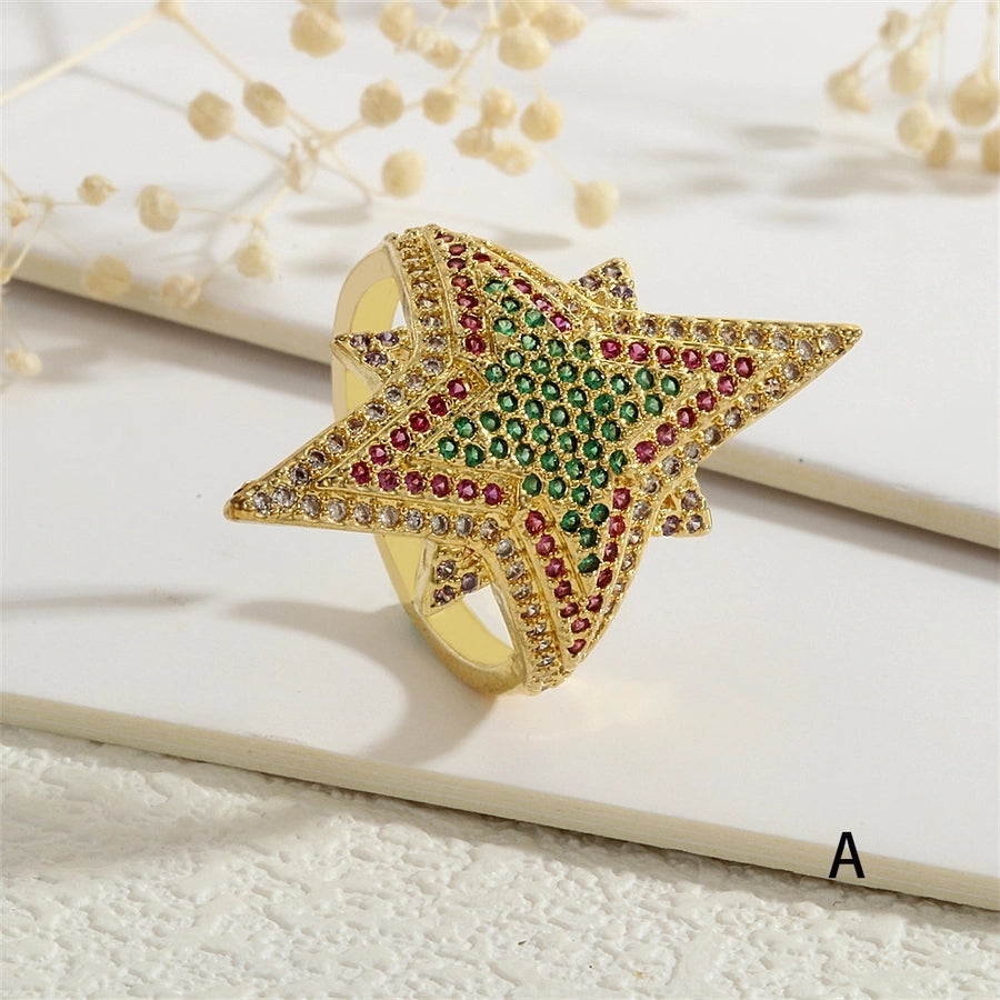 Copper Inlay Hexagram Star Zircon Open Rings