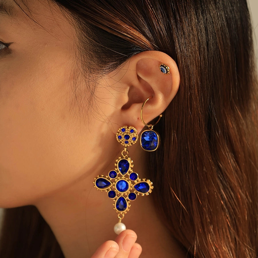 Jewelry Elegant Baroque Style Devil's Eye Square Rhombus 304 Stainless Steel Zircon 14K Gold Plated Enamel Inlay Jewelry Set