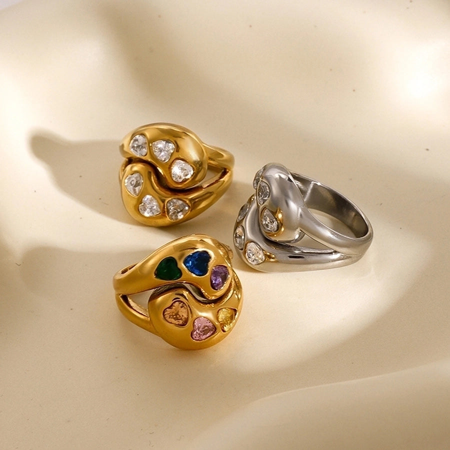 Jewelry Elegant Irregular Heart Shape 304 Stainless Steel Zircon Criss Cross Inlay Rings