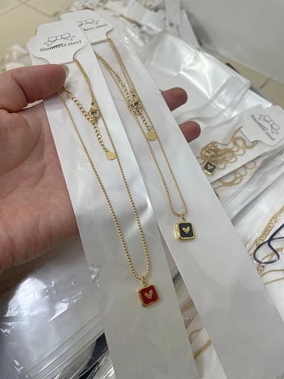 Jewelry IG Style Square Heart Shape 304 Stainless Steel 18K Gold Plated Enamel Pendant Necklace