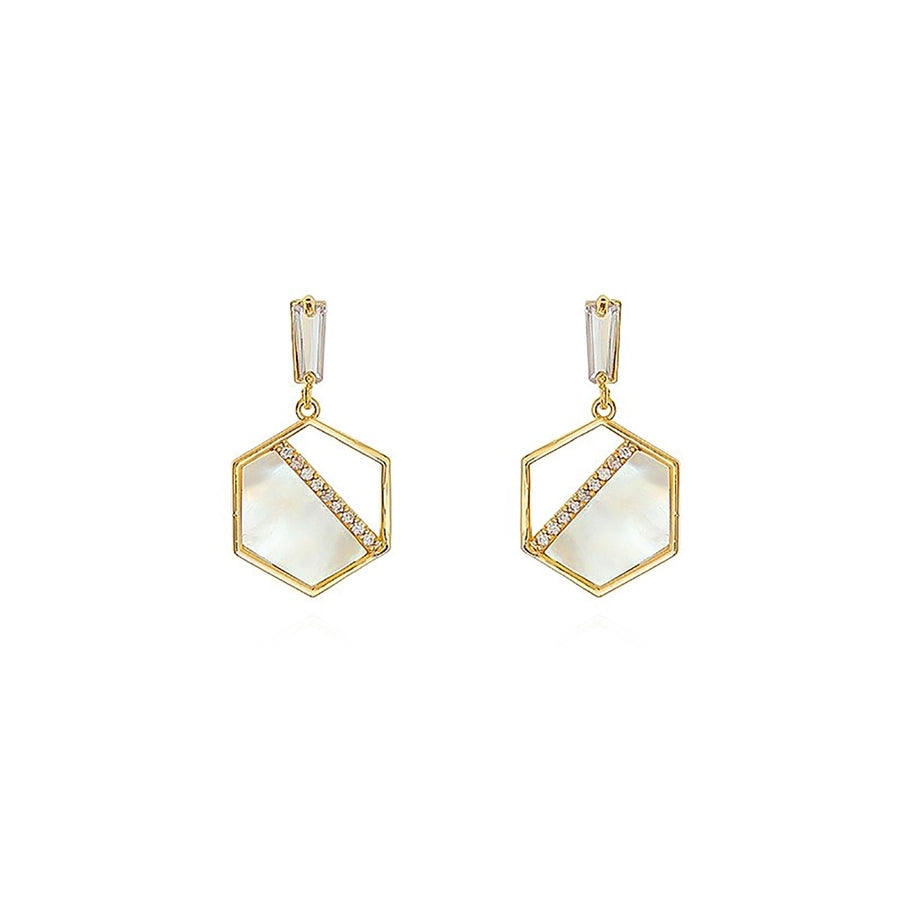 1 Pair Elegant Simple Style Commute Hexagon Inlay Copper White shell Zircon 14K Gold Plated Drop Earrings