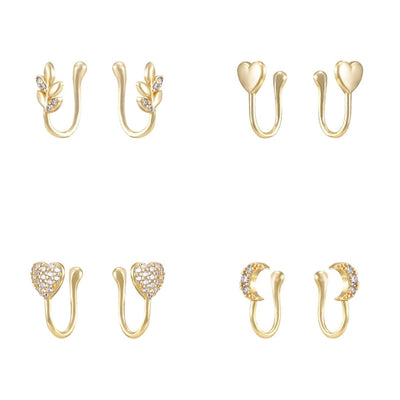1 Pair IG Style Leaf Moon Heart Shape Inlay Copper Zircon Gold Plated Ear Cuffs