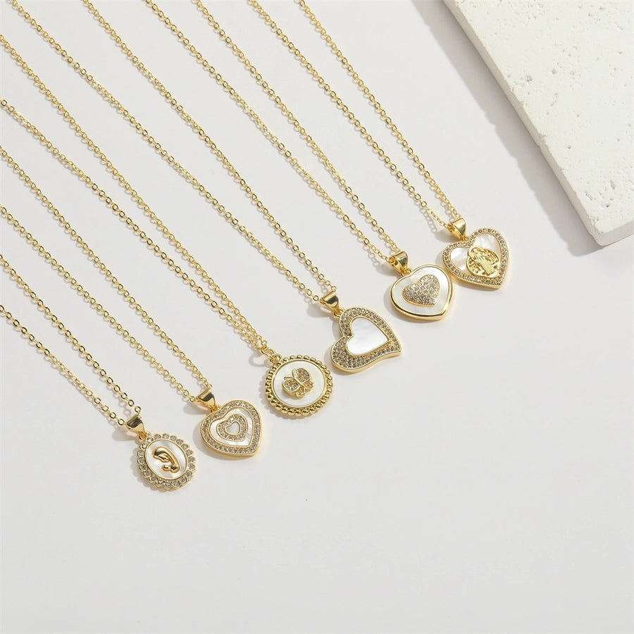 Shell Copper 14K Gold Plated Inlay Heart Shape Butterfly Zircon Pendant Necklace