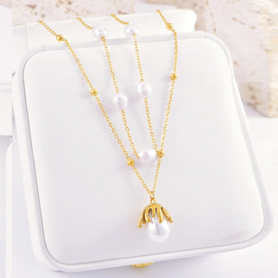 Jewelry Elegant Retro Geometric Titanium Steel Pearl Plating Inlay Earrings Necklace