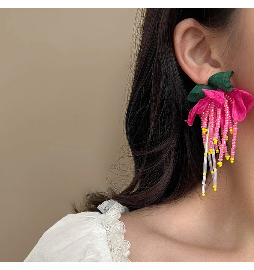 Mori chiffon flower beaded earrings female super fairy exaggerated Rose Red holiday style earrings  new popular