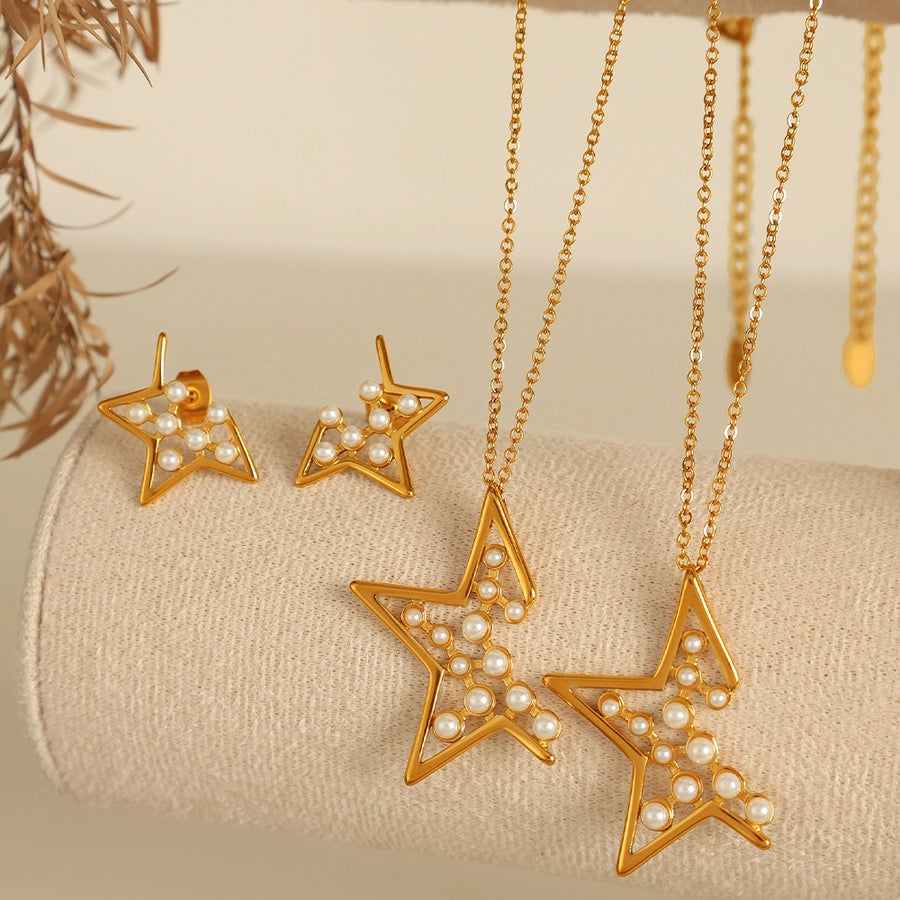 Jewelry IG Style Elegant French Style Star 304 Stainless Steel Artificial Pearls 18K Gold Plated Polishing Plating Inlay Jewelry Set