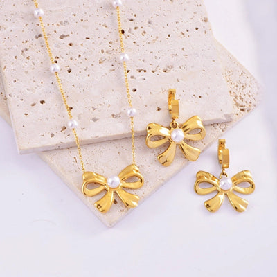 Jewelry Sweet Simple Style Bow Knot Titanium Steel Earrings Necklace