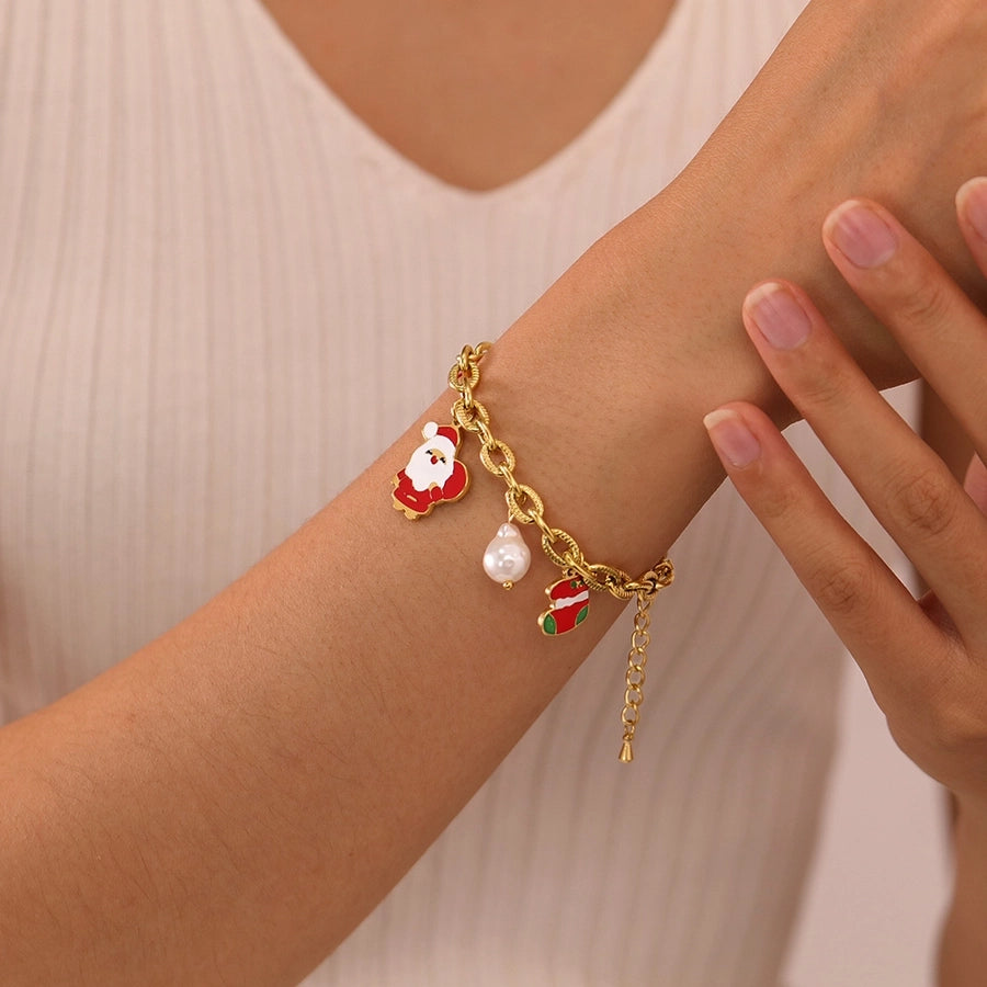 Simple Style Christmas Tree Santa Claus Christmas Socks 304 Stainless Steel cable chain Bracelets In Bulk