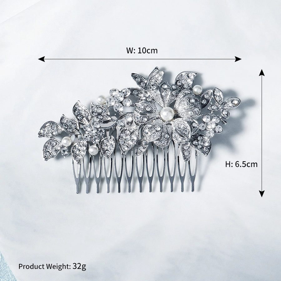 cross-border hot bride wedding decoration european and american retro alloy flower rhinestone-embedded hair comb highlight pearl hair bun hair comb