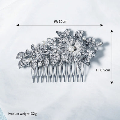 cross-border hot bride wedding decoration european and american retro alloy flower rhinestone-embedded hair comb highlight pearl hair bun hair comb