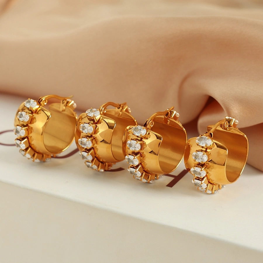 1 Pair Elegant Retro French Style C Shape Semicircle Polishing Plating Inlay 304 Stainless Steel Zircon 18K Gold Plated Earrings