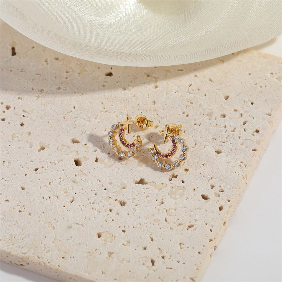 1 Pair Elegant Simple Style Commute Moon Copper Zircon 14K Gold Plated Ear Studs