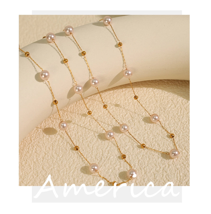 Jewelry IG Style Elegant French Style Round 304 Stainless Steel Artificial Pearls 18K Gold Plated Beaded Polishing Necklace