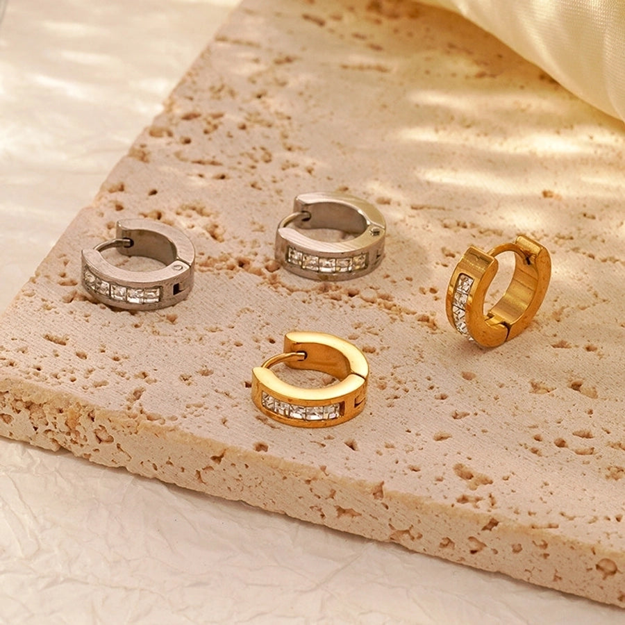 1 Pair Simple Style Solid Color Plating Inlay 304 Stainless Steel Zircon 18K Gold Plated Earrings