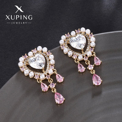 1 Pair Luxurious Sweet Heart Shape Plating Copper Artificial Gemstones 18K Gold Plated Drop Earrings