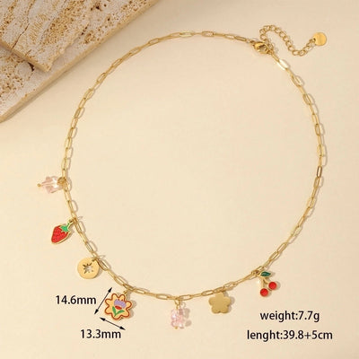 Jewelry French Style Cherry Strawberry 304 Stainless Steel Imitation Pearl Imitating stone 18K Gold Plated Enamel Plating Inlay Multi Charms Necklace