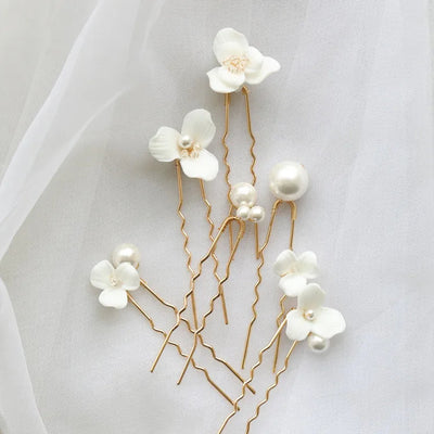 New ceramic flower pearl embellished hair fork set of 6 gold silver bridal hair Fork hair plug simple hair accessories