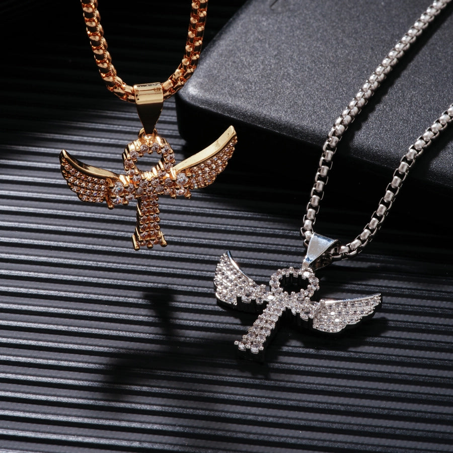Hip-Hop Rock Shiny Cross Wings 304 Stainless Steel Copper Zircon K Gold Plated Rhodium Plated Unisex Pendant Necklace
