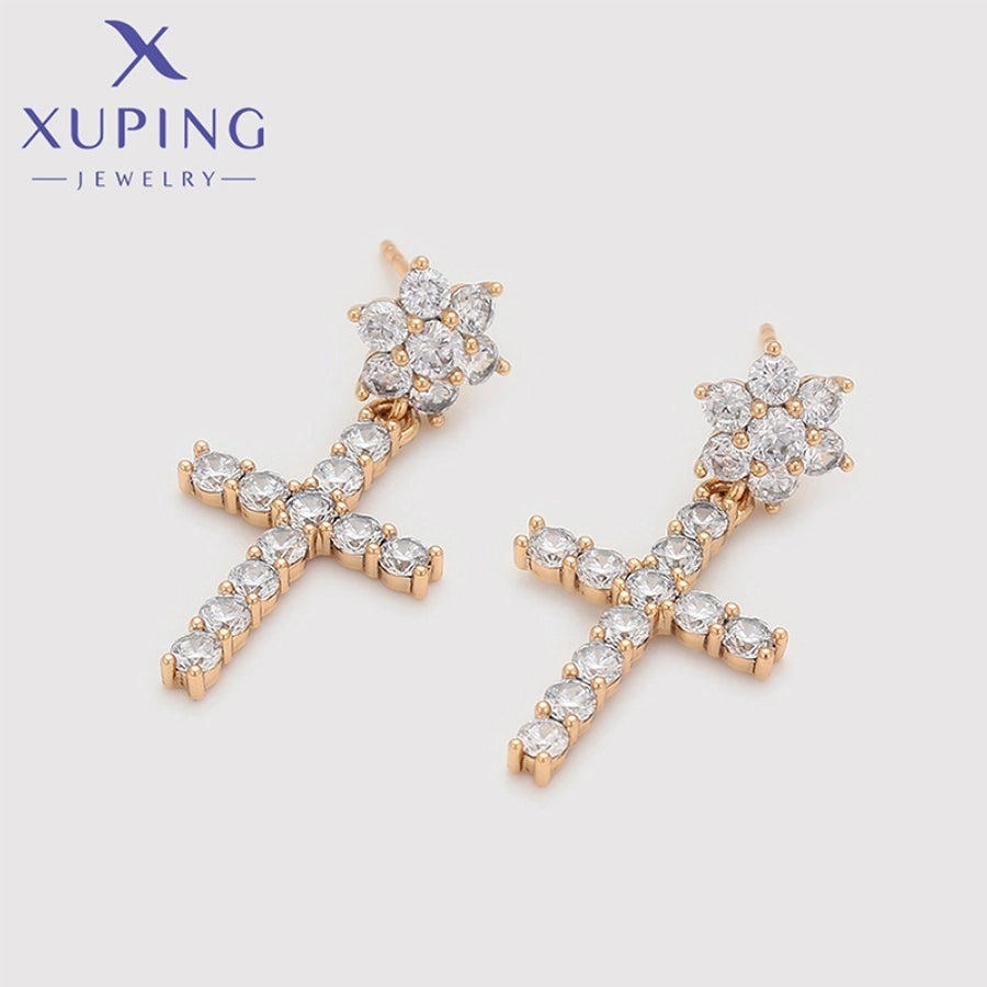 1 Pair XUPING Simple Style Shiny Cross Flower Inlay Copper Artificial Gemstones 18K Gold Plated Drop Earrings