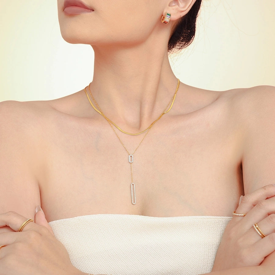 Jewelry Elegant Luxurious Vacation Rectangle Titanium Steel 18K Gold Plated Rhinestone Necklace