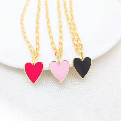 Copper Paperclip Chain Enamel Heart Shape Pendant Necklace