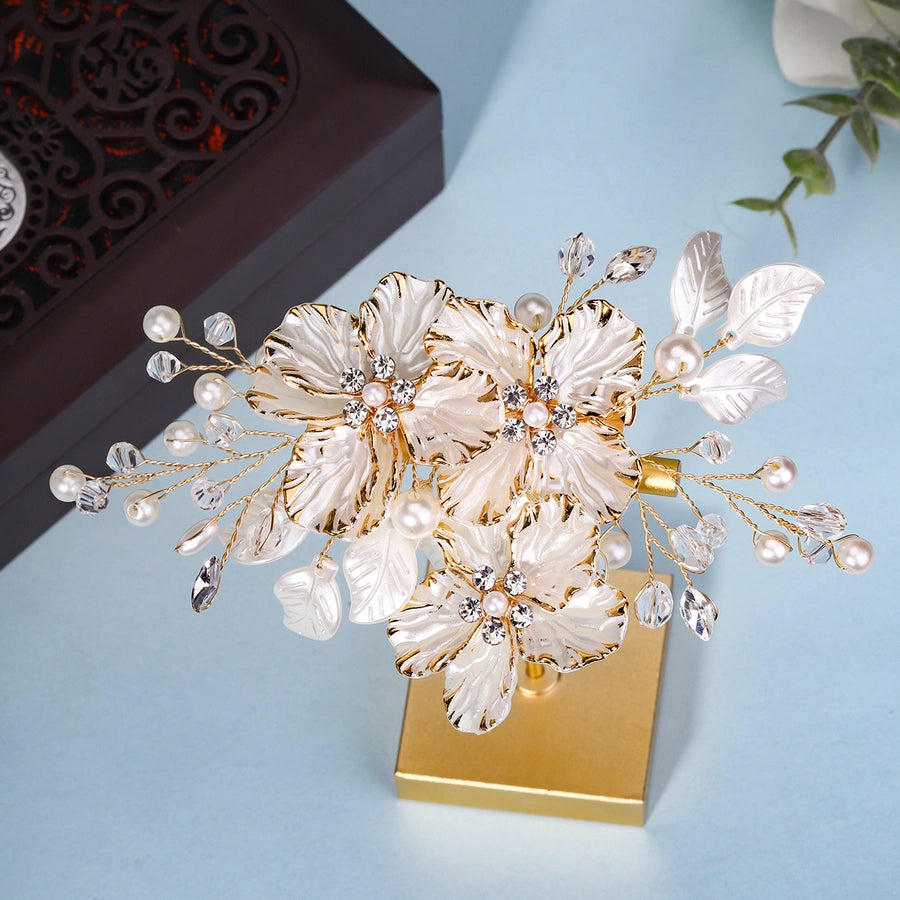 Women's Princess Sweet Leaf Flower Arylic Artificial Crystal Imitation Pearl Hair Clip