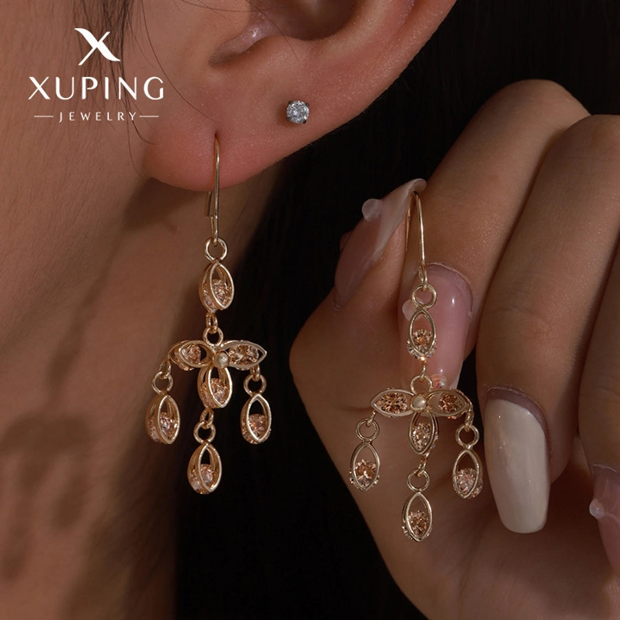 1 Pair Lady Sweet Geometric Tassel Plating Copper Artificial Gemstones 18K Gold Plated Drop Earrings