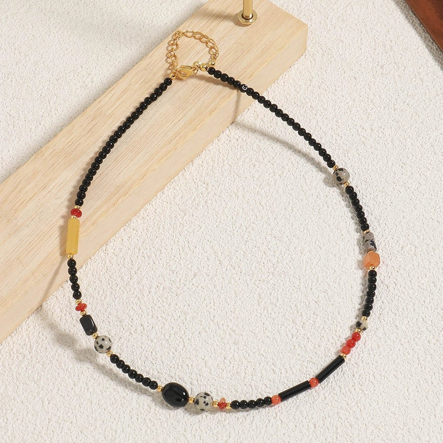 Vintage Style Round 304 Stainless Steel natural stone Beaded Chain Necklace In Bulk