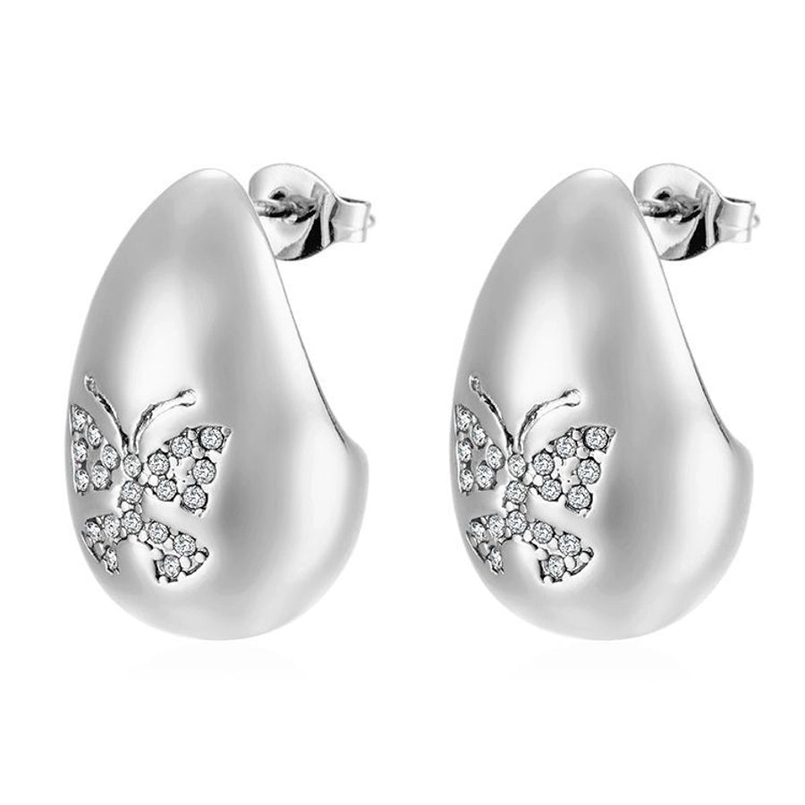 1 Pair IG Style Water Droplets Butterfly Plating Inlay 304 Stainless Steel Rhinestones 18K Gold Plated Ear Studs