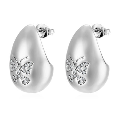 1 Pair IG Style Water Droplets Butterfly Plating Inlay 304 Stainless Steel Rhinestones 18K Gold Plated Ear Studs