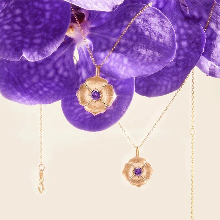 Alloy Copper Inlay Flower Birthstone Pendant Necklace