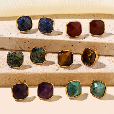 One Pack and Two Pairs Retro French Style Geometric Plating Titanium Steel Natural Stone 14K Gold Plated Ear Studs