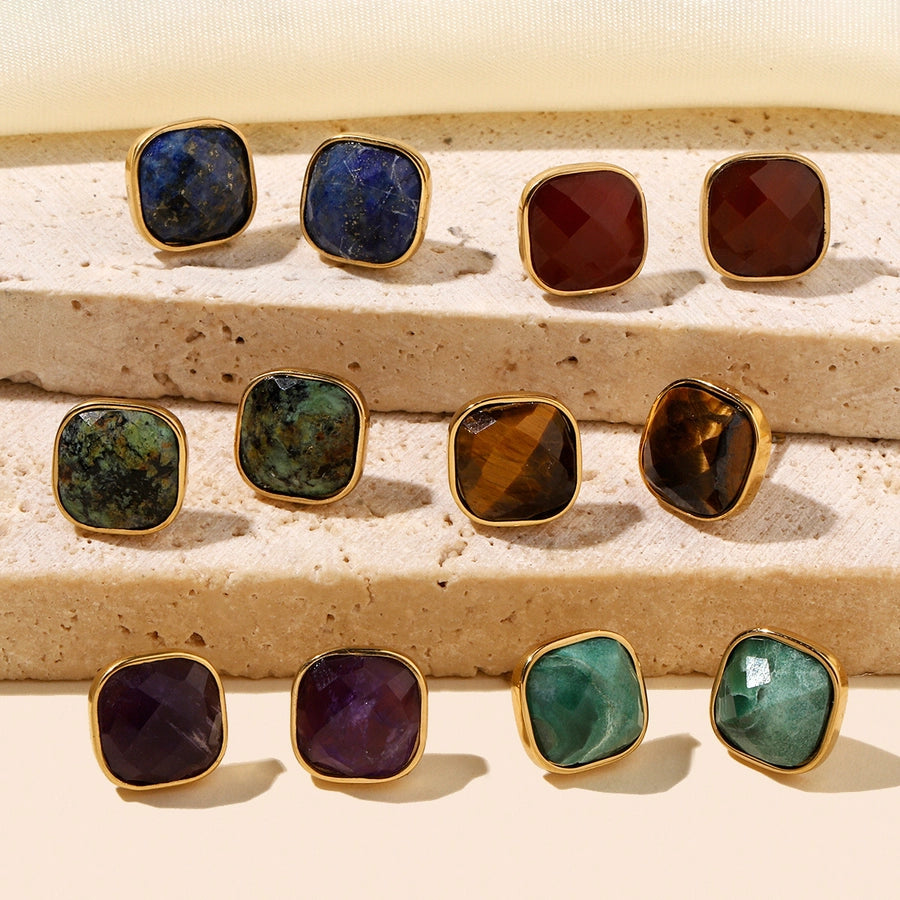 One Pack and Two Pairs Retro French Style Geometric Plating Titanium Steel Natural Stone 14K Gold Plated Ear Studs