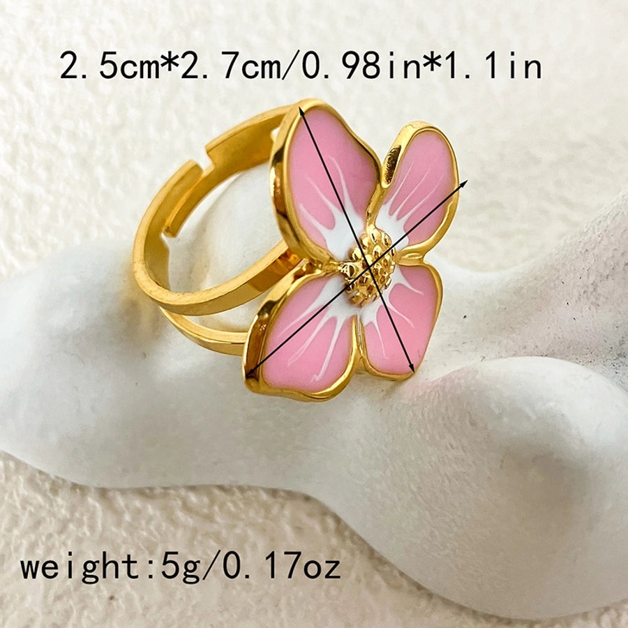 Jewelry Sweet Simple Style Korean Style Waves Flower 304 Stainless Steel Natural Stone 14K Gold Plated Enamel Inlay Open Rings