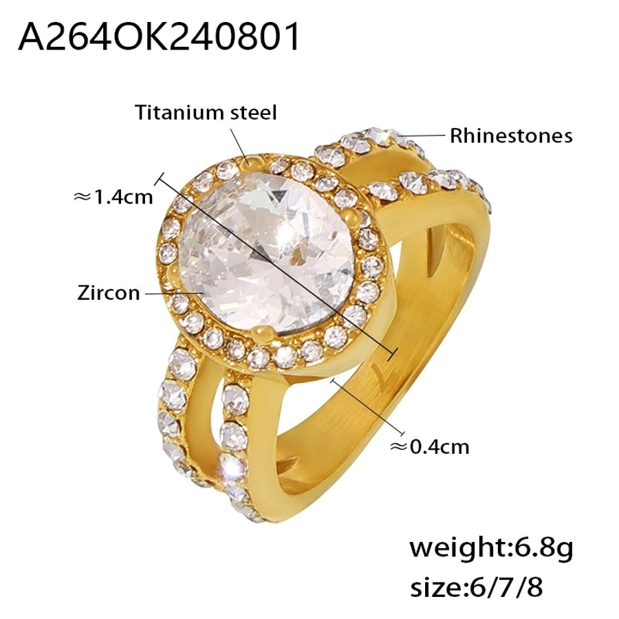 Jewelry Vintage Style Geometric Oval Titanium Steel Zircon 18K Gold Plated Inlay Rings
