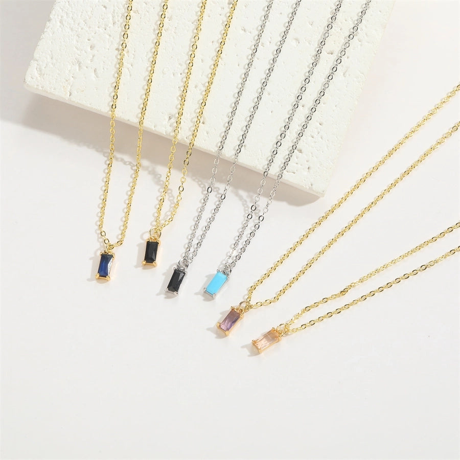 Copper 14K Gold Plated Inlay Rectangle Zircon Pendant Necklace