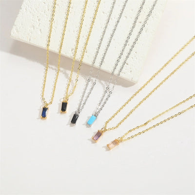 Copper 14K Gold Plated Inlay Rectangle Zircon Pendant Necklace