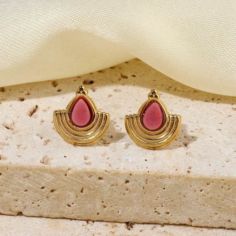 One Pack and Two Pairs Retro French Style Geometric Plating Titanium Steel Natural Stone 14K Gold Plated Ear Studs