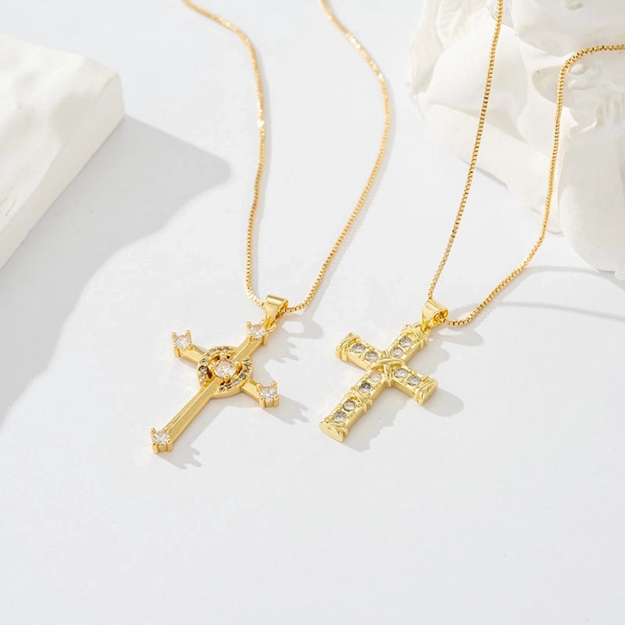 Copper box chain 18K Gold Plated Inlay Carving Cross Zircon Pendant Necklace
