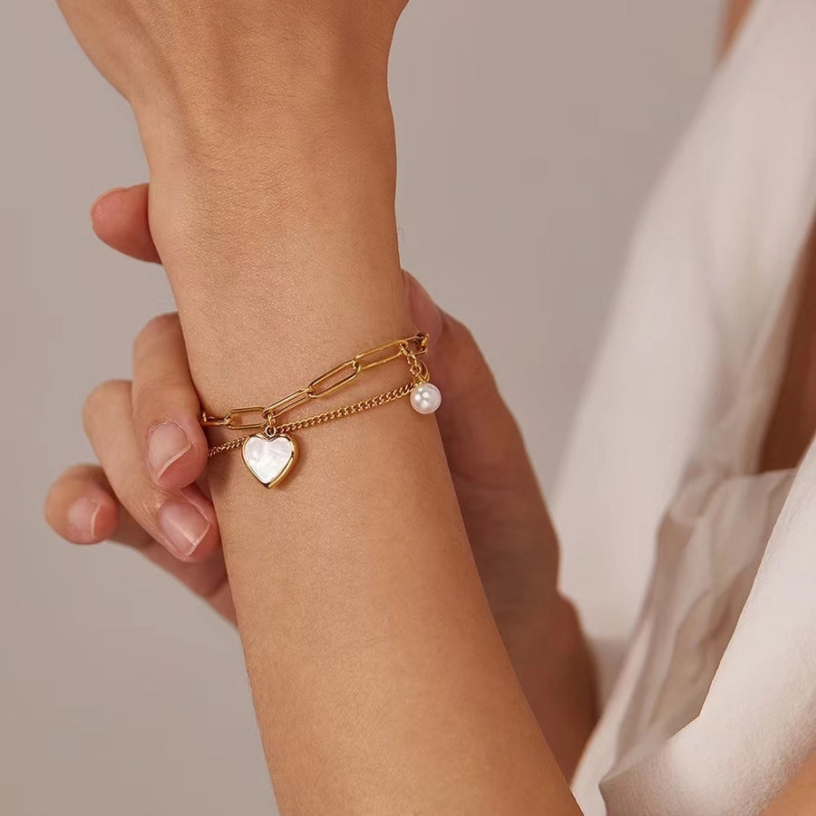 Casual Simple Style Heart Shape Titanium Steel 18K Gold Plated Artificial Pearls Shell Paperclip Chain Bracelets In Bulk