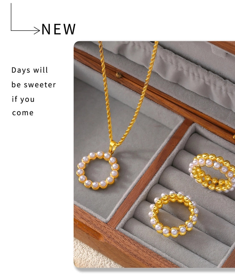 Jewelry Elegant Round 304 Stainless Steel Artificial Pearls 18K Gold Plated Plating Inlay Rings Necklace