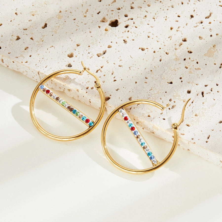 1 Pair Fairy Style Elegant Lady Round Inlay 201 Stainless Steel Rhinestones Hoop Earrings