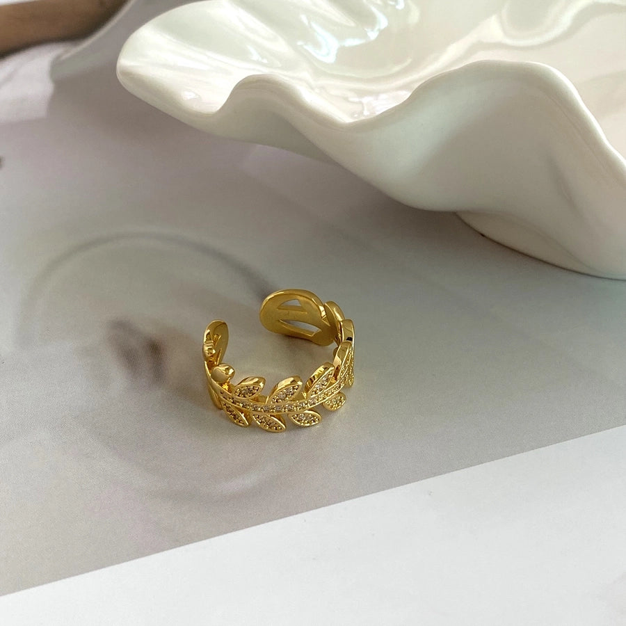 Copper 14K Gold Plated 16K Gold Plated 18K Gold Plated Ring Pleated Inlay Hand Olive Branch Shell Zircon Open Rings Rings