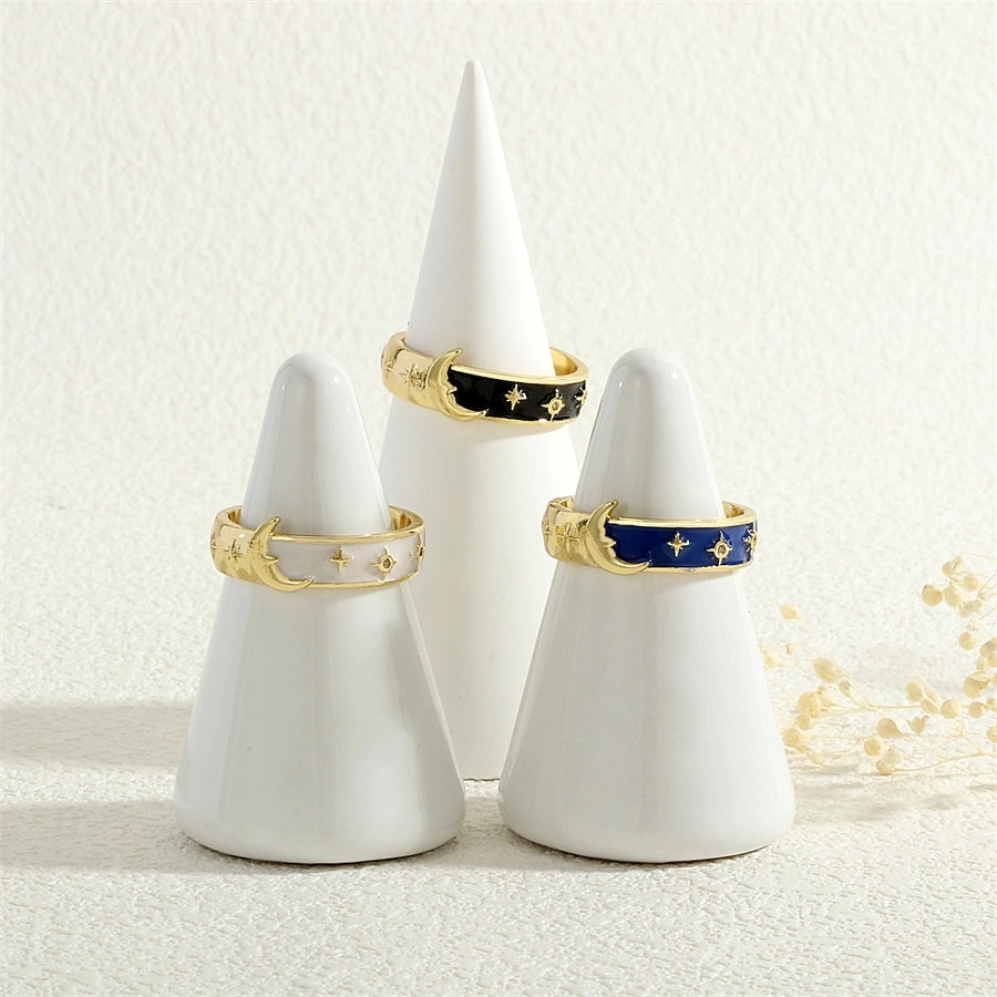 Copper Enamel Inlay Star Moon Zircon Open Rings
