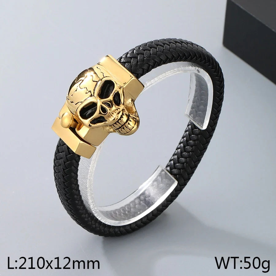 Business Lion's head Wolf Head Skull 304 Stainless Steel Leather 18K Gold Plated Men's Bracelets