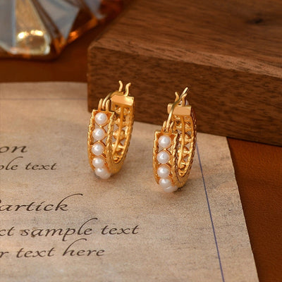 1 Pair Elegant Classical Sweet Circle Inlay Copper Freshwater Pearl Zircon 18K Gold Plated Earrings